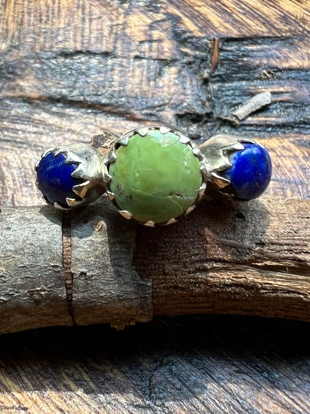 Sterling Silver Kingman Turquoise Lapis Lazuli Three-Stone Ring Size 9.5